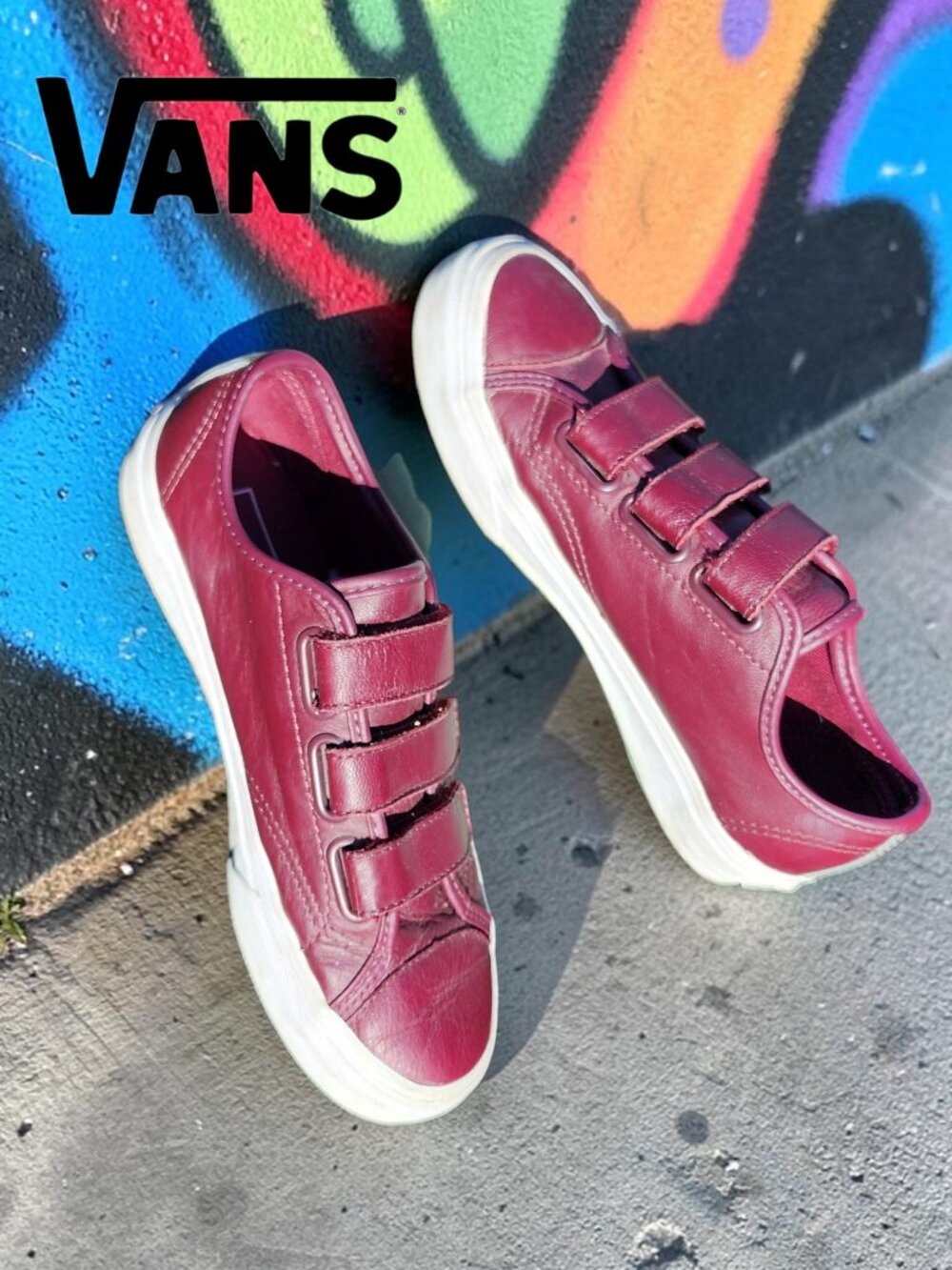 Vans Womens 6 Leather Skate Sneakers Velcro Strap Burgundy Red